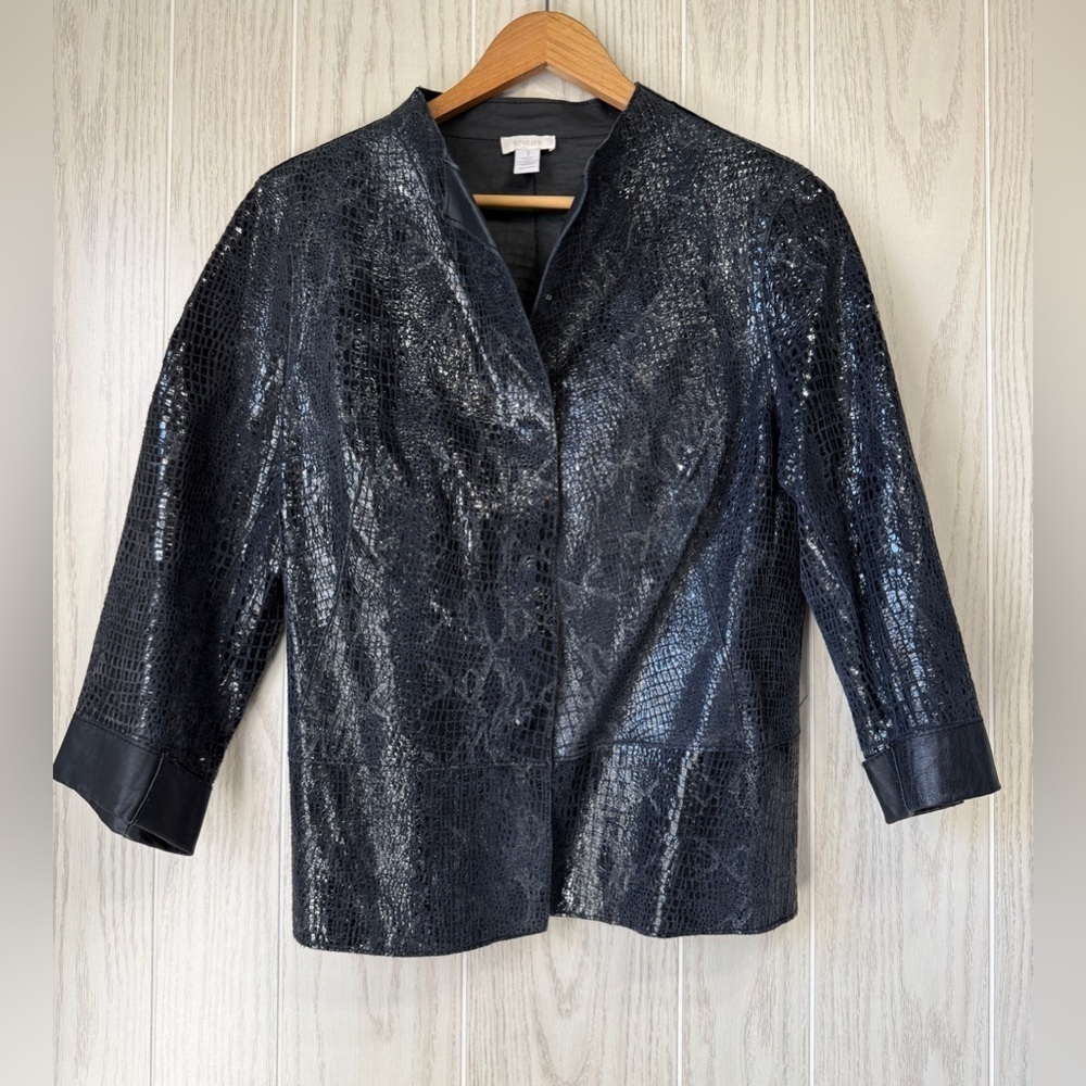 Chico's Sz 1/S Leather & Synthetic Black Faux Snakeskin Jacket Snap Closure NWOT